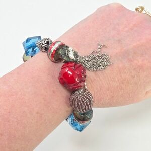Beaded‎ Stretch Bracelet Red Rose Blue Crystal Silver Tone Tassel Charm B77